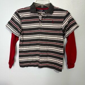 U.S. Polo Assn. Boys Gray & White Striped Polo Red Sleeves Size 7 EUC